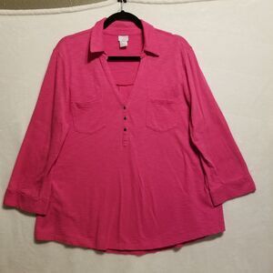 Chicos 3 (XL) Top Henley Popover Pink Fuchsia Jersey Knit Barbie Boho Lagenlook